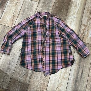 We The Free | Oversized Frayed Plaid Button Up Shirt Pink & Green